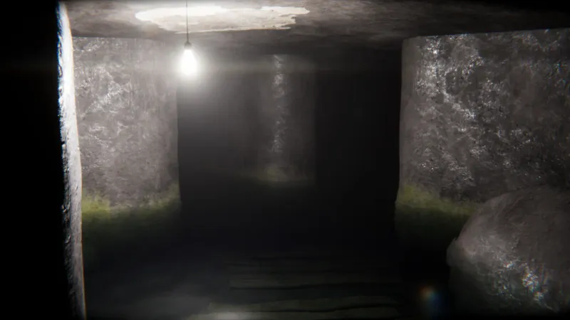 A dark, damp stone corridor illuminated by a single bare hanging lightbulb