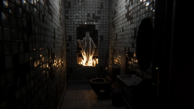 A dark, creepy bathroom with grimy tiles and a glowing statue in a wall niche surrounded by candles